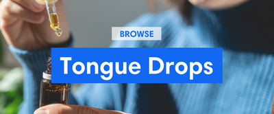 Person using cbd tongue drops with text saying "Browse tongue drops"